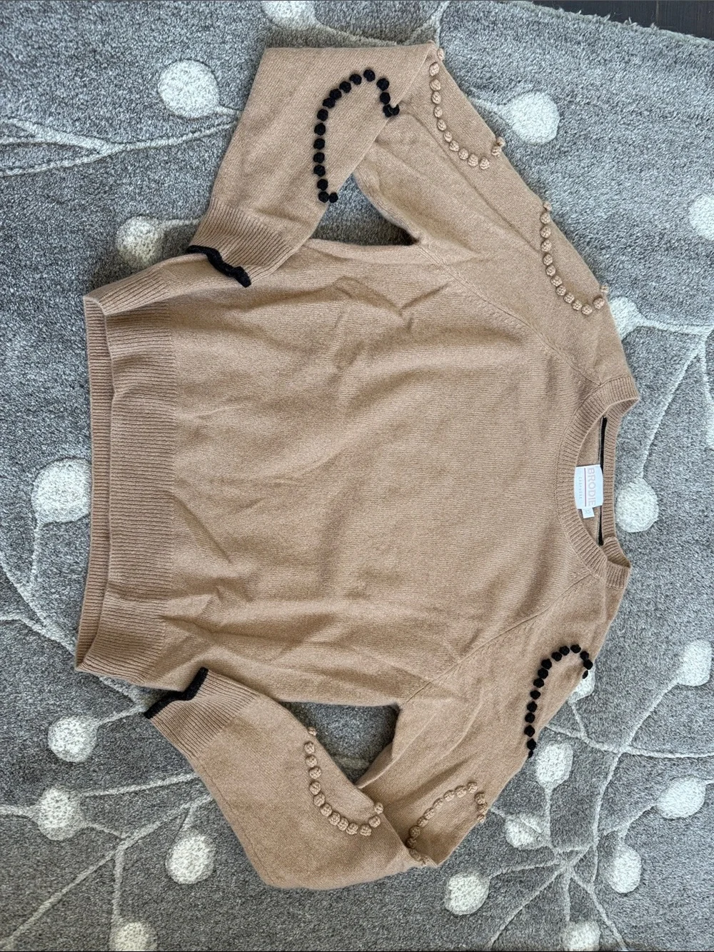 Brodie Cashmere Beige Crewneck Sweater with Bead Embellishments